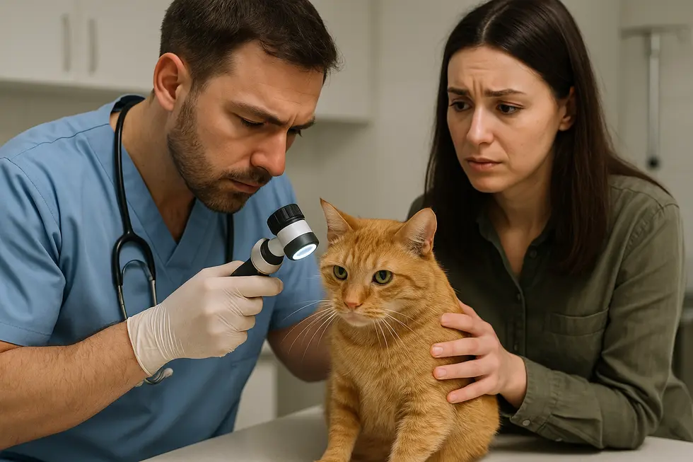 Mèo lông trắng với triệu chứng rụng lông bất thường.