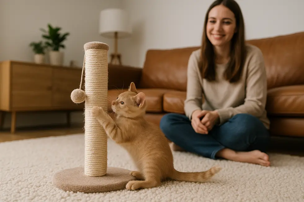 METAPETS Việt Nam Căn phòng hiện đại với mèo con chơi đùa bên trụ cào móng và nội thất chống cào.