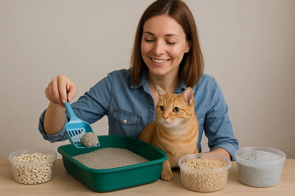 A cat owner using a litter box filled with clumping cat litter, with various litter types displayed.