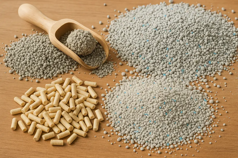 Different materials used in clumping cat litter.
