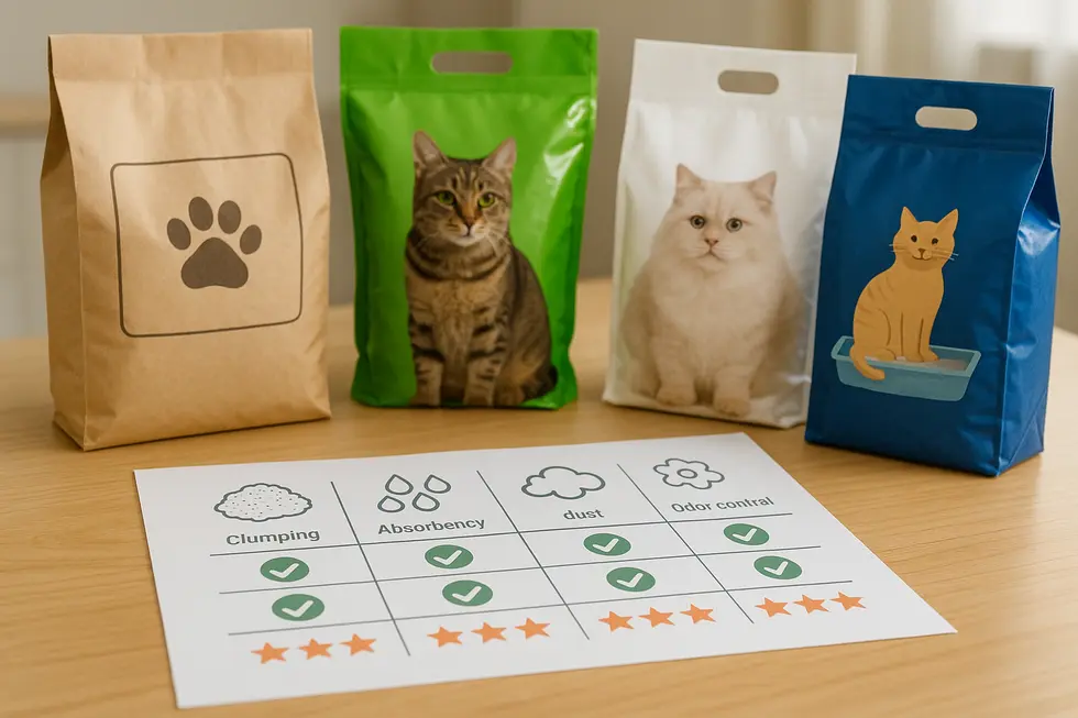 Various types of cat litter and their distinct uses.