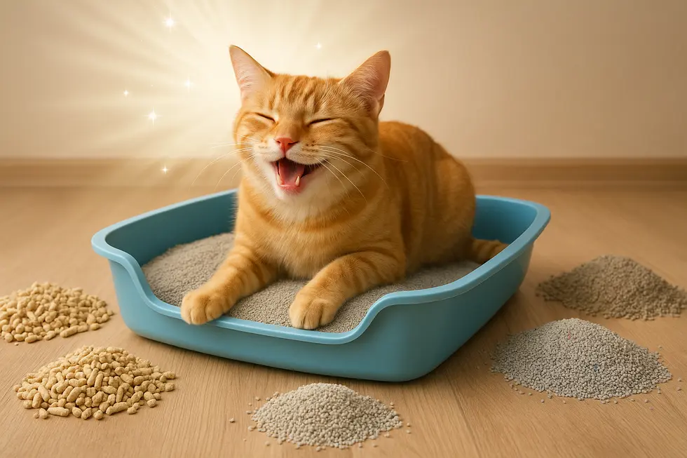 A playful cat inside a clean litter box with various types of litter around.