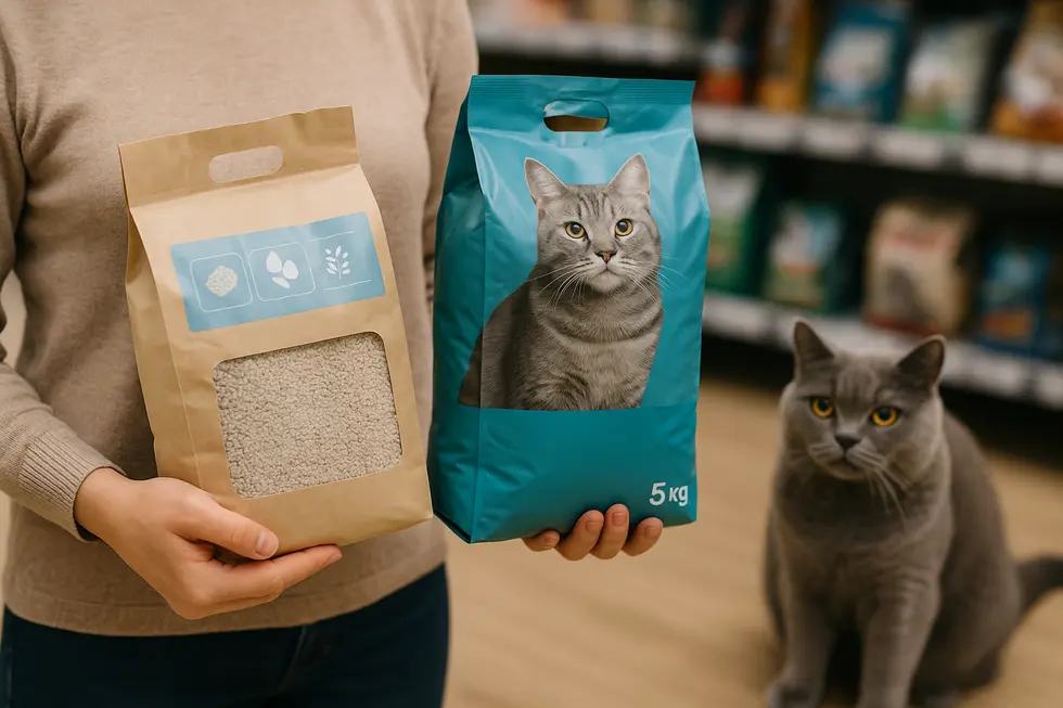 Different materials used in clumping cat litter.