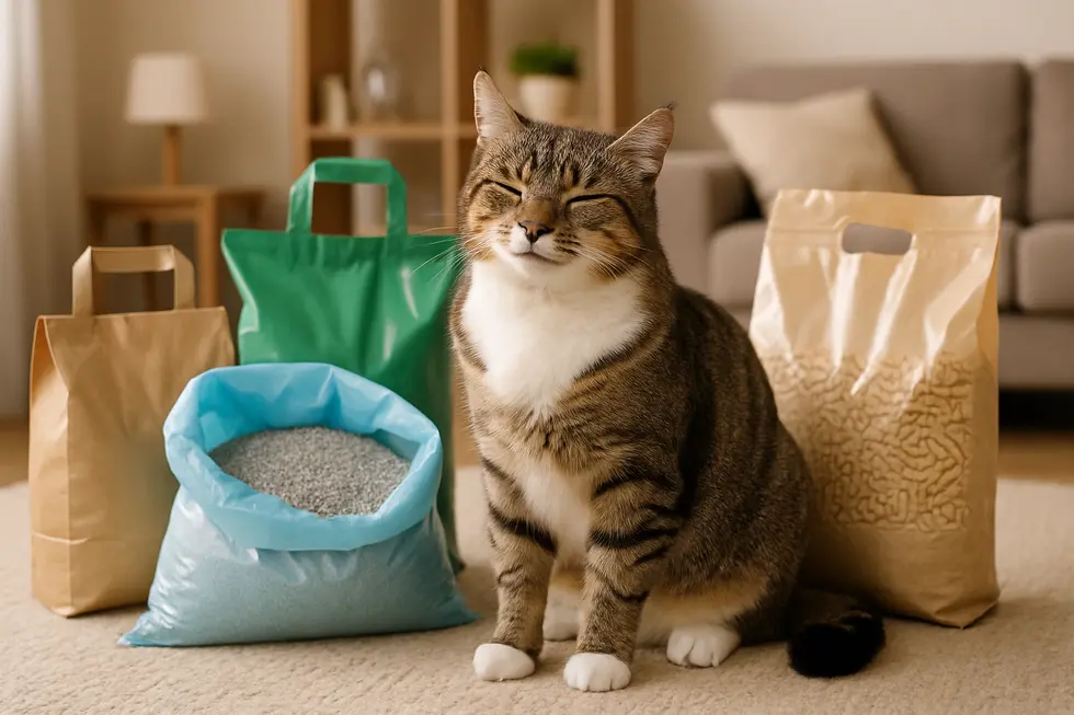 A happy cat sitting near different cat litter products in a home setting.