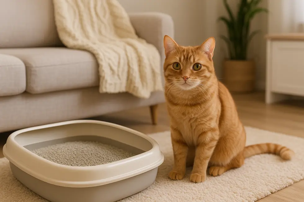 A clean living area with a cat and an odor-control litter box.