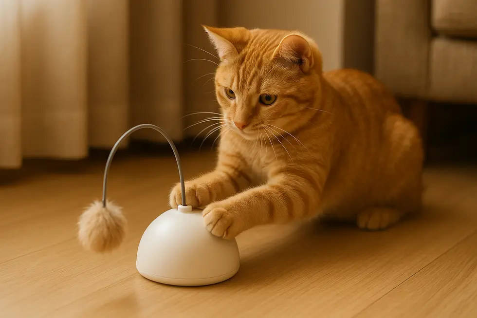 Một con mèo vui đùa với đồ chơi xoay tự động.
