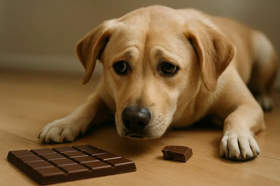 Chú chó lo lắng bên cạnh thanh chocolate cùng một miếng chocolate bị cắn dở, biểu thị mức độ nguy hiểm của theobromine.