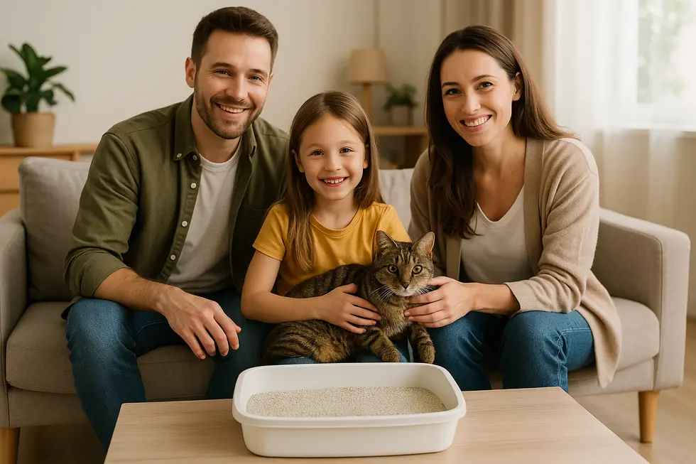 METAPETS Việt Nam Hình ảnh gia đình vui vẻ cùng thú cưng trong một không gian sống sạch và an toàn với cát mèo chất lượng.