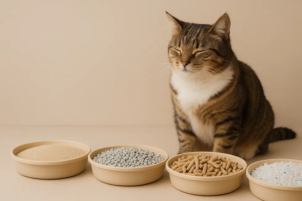 A photo showing various cat litter options with a relaxed cat, illustrating online shopping convenience.