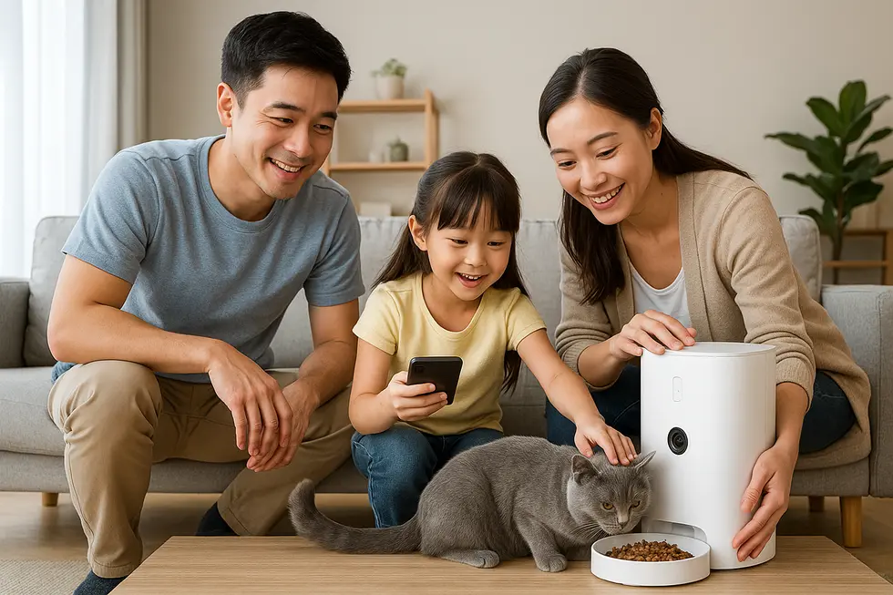 METAPETS Việt Nam Một gia đình cùng mèo cưng sử dụng máy cho mèo ăn kết nối WiFi trong phòng khách.