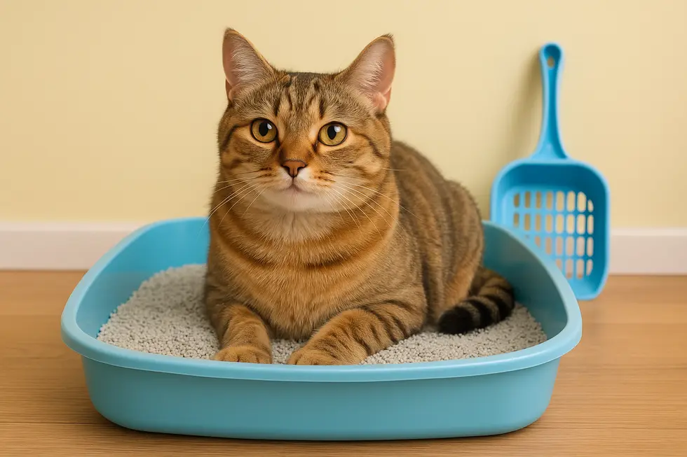 A cat looking content in a clean litter box, representing quality cat litter.