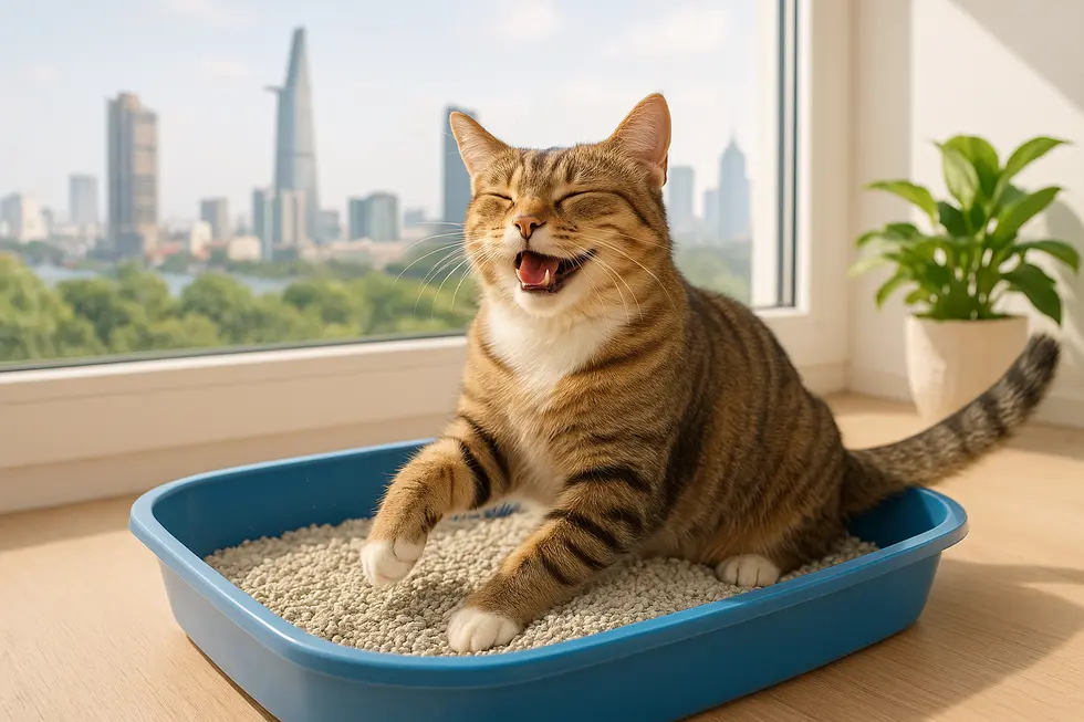 A cat enjoying a clean and scented litter box environment with a TPHCM skyline in view.