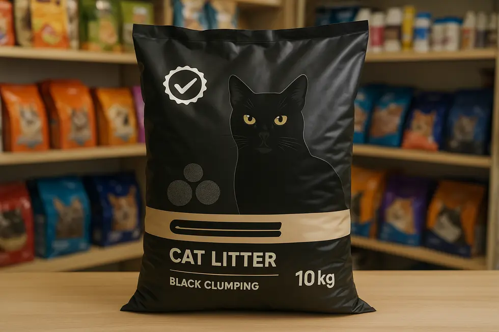 Various types of cat litter on display in a pet store.