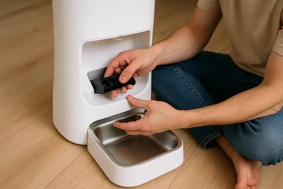 Làm sạch hộp chứa thức ăn máy cho mèo ăn.
