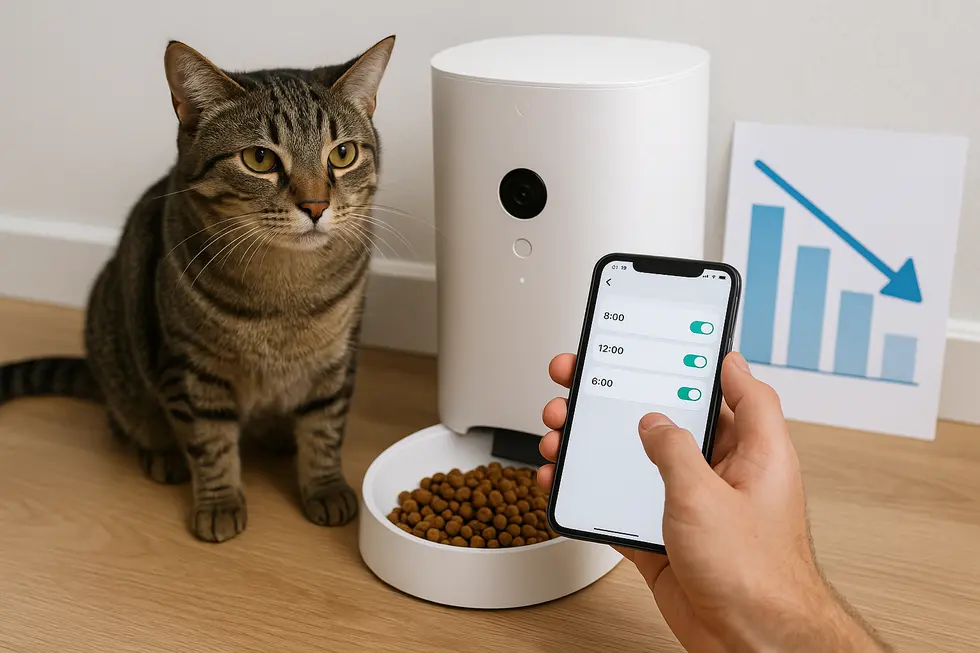 Máy cho mèo ăn kết nối wifi với tính năng điều khiển thông qua màn hình tiên tiến.