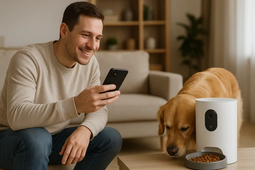 Máy cho thú cưng ăn tự động metaPet với thiết kế hiện đại và tiện lợi từ ứng dụng.