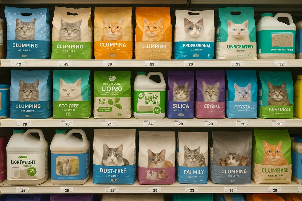Various types of cat litter on display in a pet store.