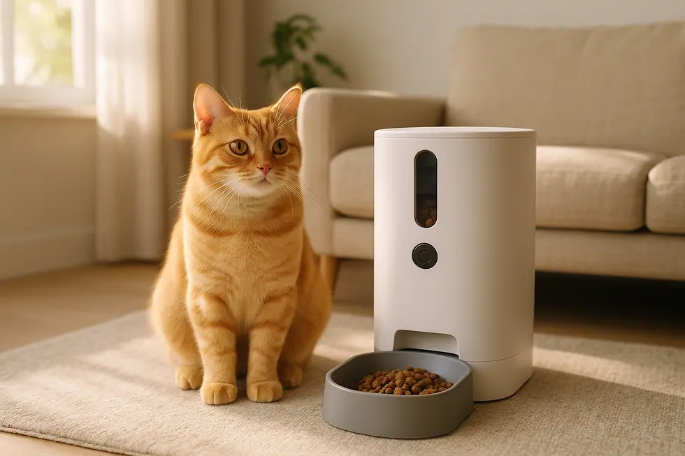 METAPETS Việt Nam Chú mèo cạnh máy cho mèo ăn định lượng trong không gian sống hiện đại và thoải mái.