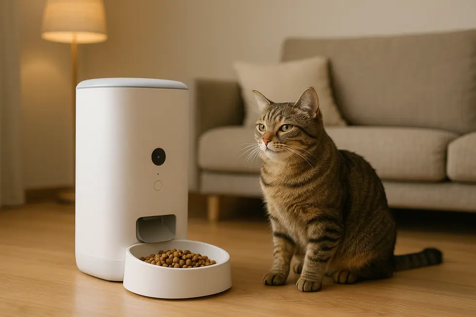 METAPETS Việt Nam Máy cho mèo ăn thông minh và một chú mèo trong không gian sống hiện đại.