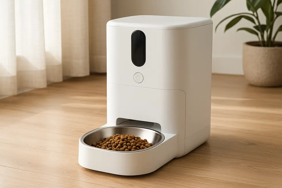 METAPETS Việt Nam Hình ảnh một máy cho mèo ăn tự động với thiết kế hiện đại, đặt trong phòng gọn gàng và sạch sẽ.