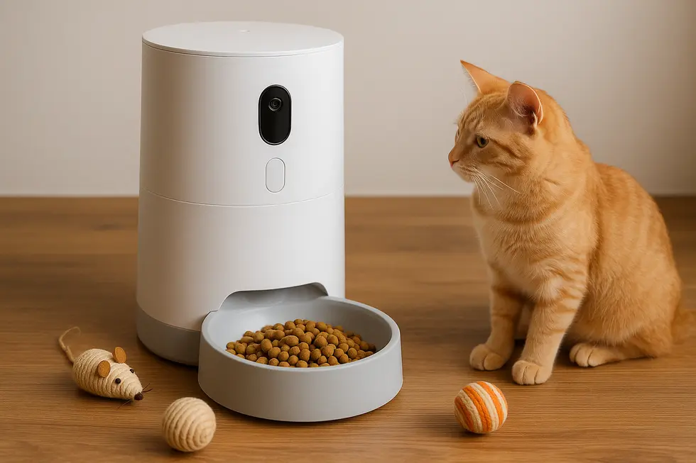 METAPETS Việt Nam Hình ảnh một máy cho mèo ăn tự động trên nền gỗ cùng với đồ chơi cho mèo.