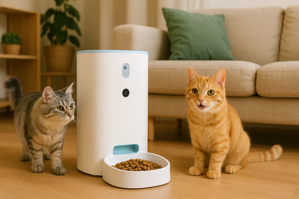 METAPETS Việt Nam Không gian nuôi mèo với máy cho mèo ăn tự động và hai chú mèo, tạo cảm giác tiện nghi và vui vẻ.