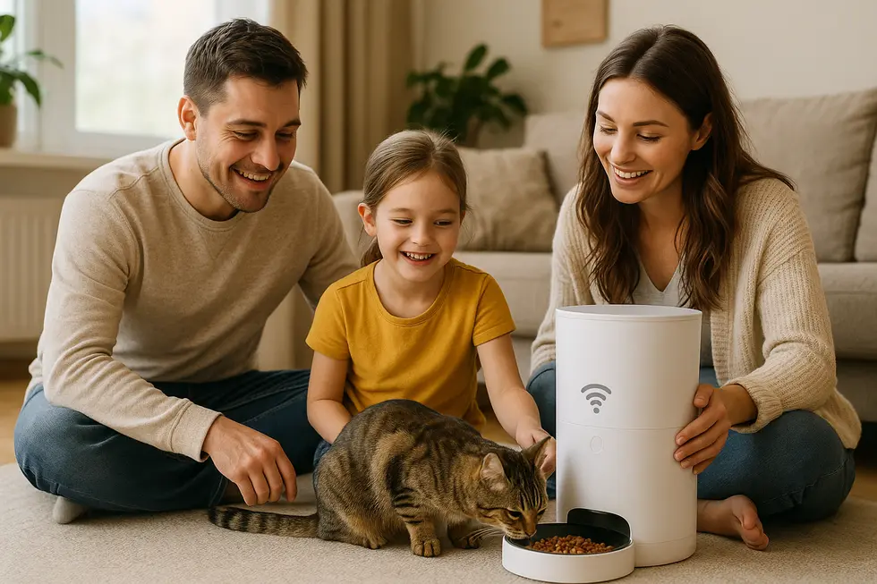 METAPETS Việt Nam Một gia đình vui vẻ với mèo và máy cho mèo ăn thông minh trong phòng khách.