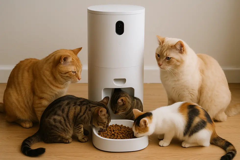 Máy nhả hạt tự động giúp phân chia thức ăn cho nhiều con mèo cùng lúc.