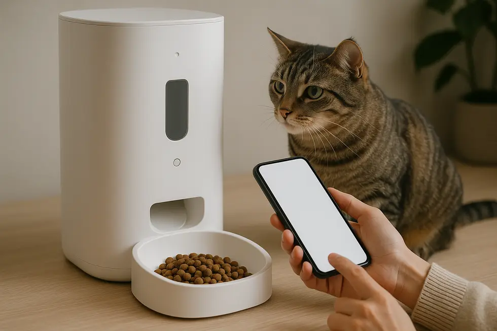 Máy cho thú cưng ăn tự động metaPet với thiết kế hiện đại và tiện lợi từ ứng dụng.