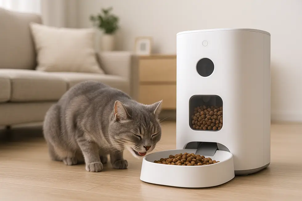 METAPETS Việt Nam Hình ảnh máy cho thú cưng ăn tự động metaPet với chú mèo bên cạnh trong không gian sống hiện đại.