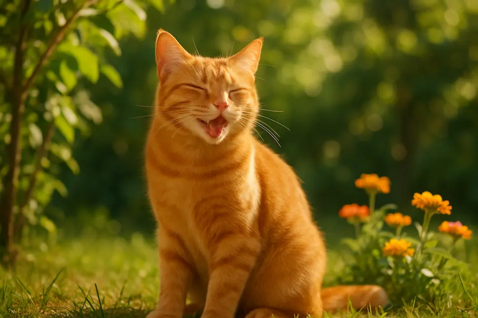 METAPETS Việt Nam Chú mèo có bộ lông mượt mà chơi đùa dưới ánh nắng trong khu vườn tràn ngập cây xanh.