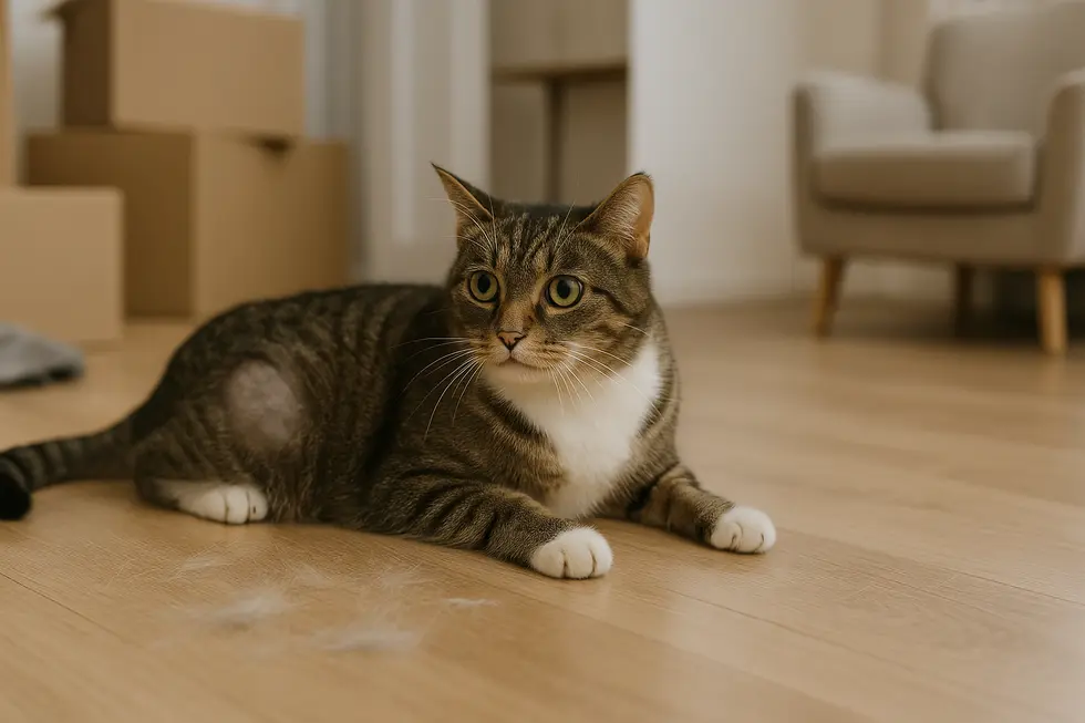 Mèo lông trắng với triệu chứng rụng lông bất thường.