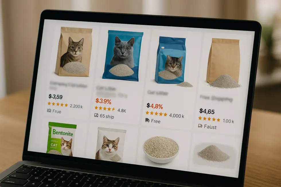 Various types of cat litter on display in a pet store.