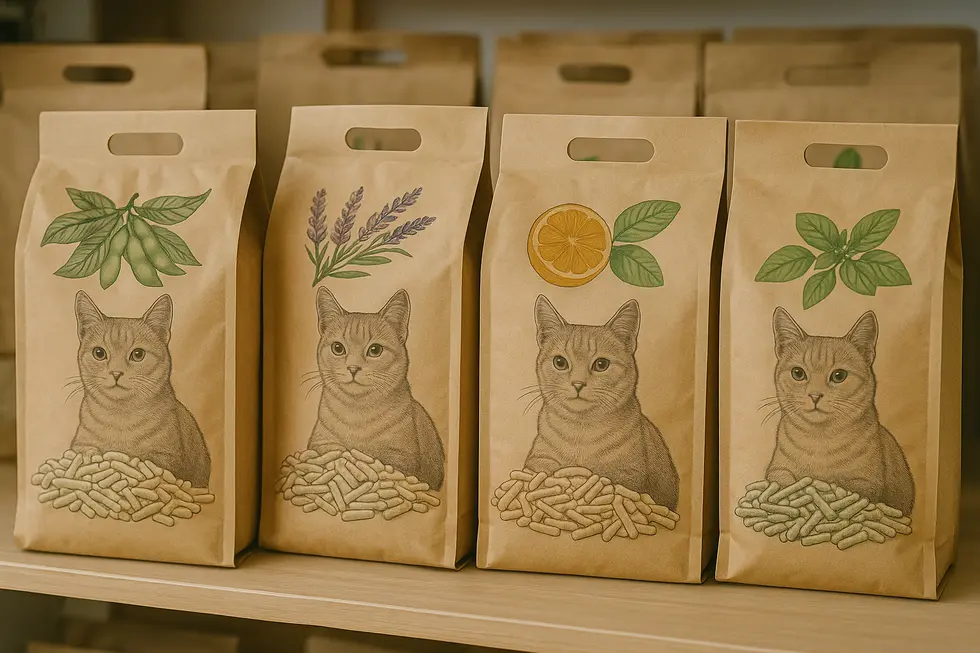 Various types of cat litter on display in a pet store.