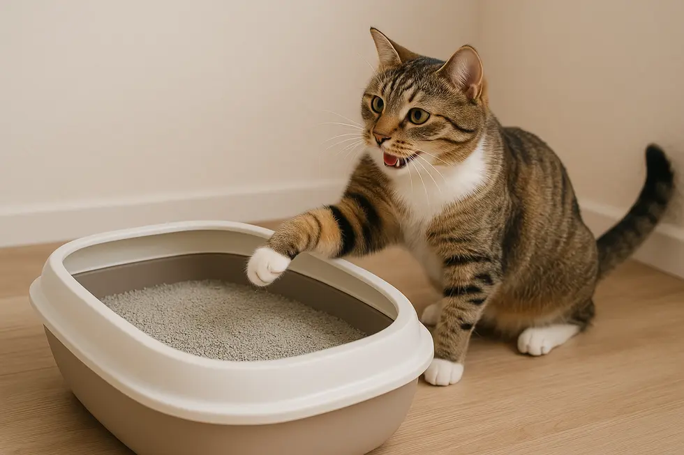 Mèo và khay vệ sinh sạch sẽ, cách thay cát định kỳ.