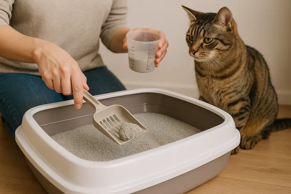 Mèo và khay vệ sinh sạch sẽ, cách thay cát định kỳ.