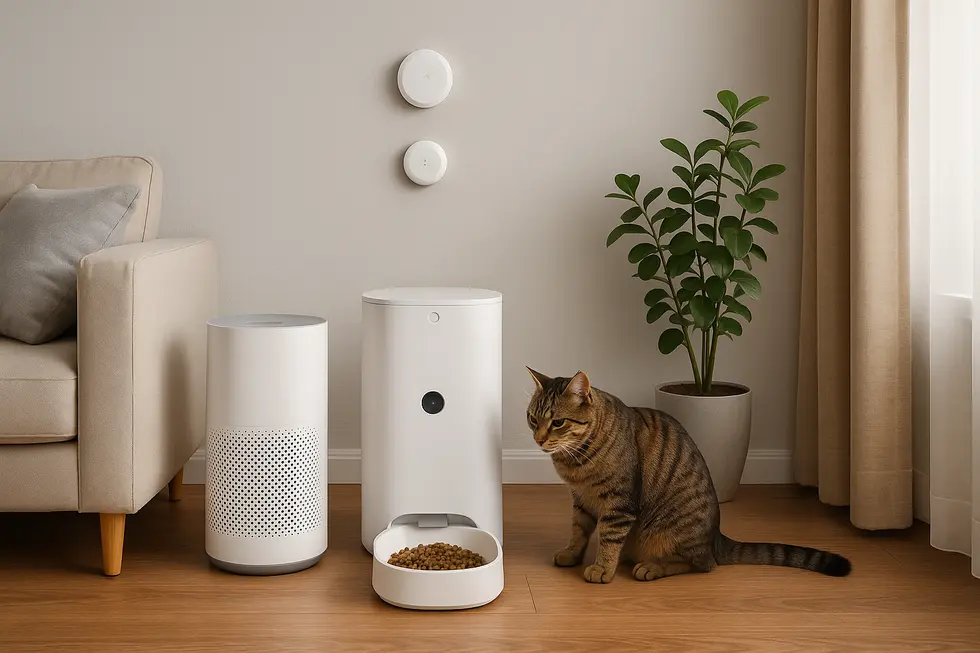 Các thiết bị thông minh kết nối wifi chăm sóc thú cưng trong ngôi nhà hiện đại.