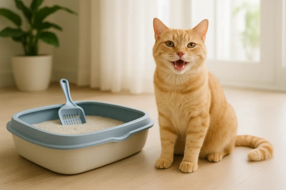 A happy cat beside a clean litter box, showcasing the benefits of dust-free cat litter.