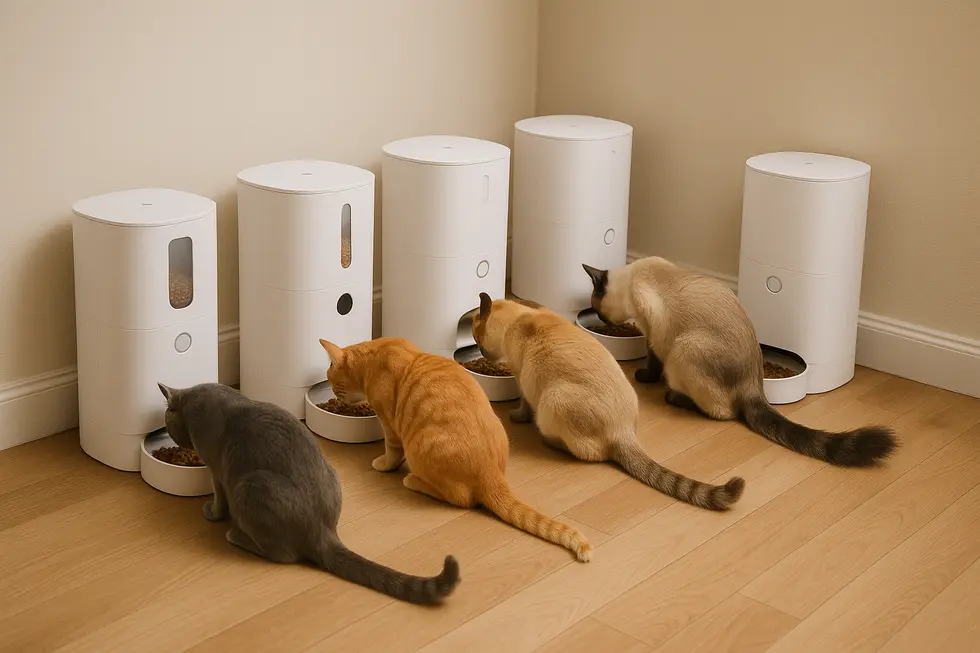 METAPETS Việt Nam Nhìn toàn cảnh nhiều máy cho mèo ăn tự động trong căn nhà với nhiều mèo đang thưởng thức bữa ăn.