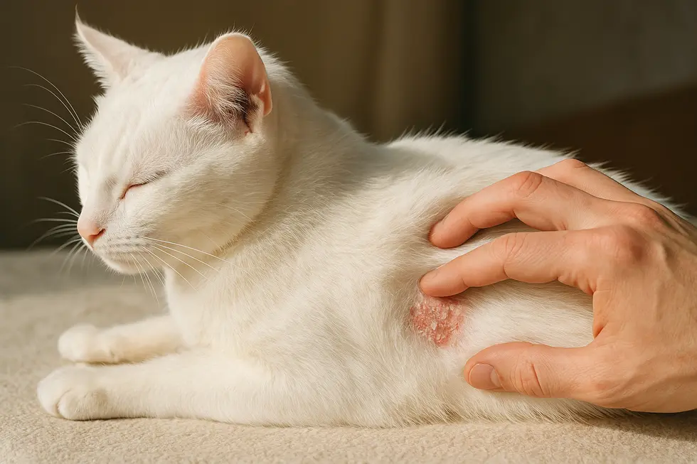 Mèo lông trắng với triệu chứng rụng lông bất thường.