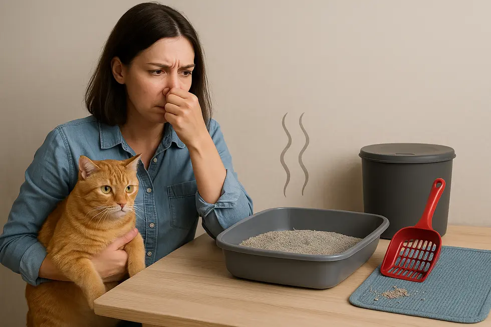 Mèo và khay vệ sinh sạch sẽ, cách thay cát định kỳ.