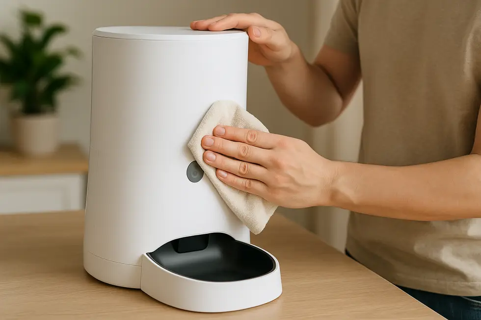 Làm sạch hộp chứa thức ăn máy cho mèo ăn.