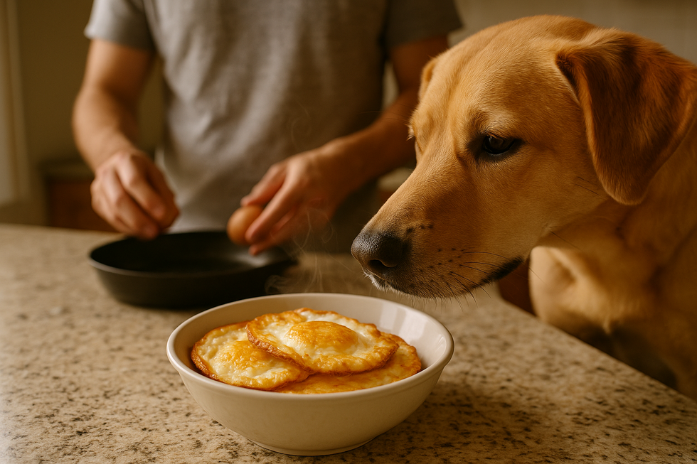 Chú chó đang ngửi món trứng chiên vàng ươm trên bàn bếp.