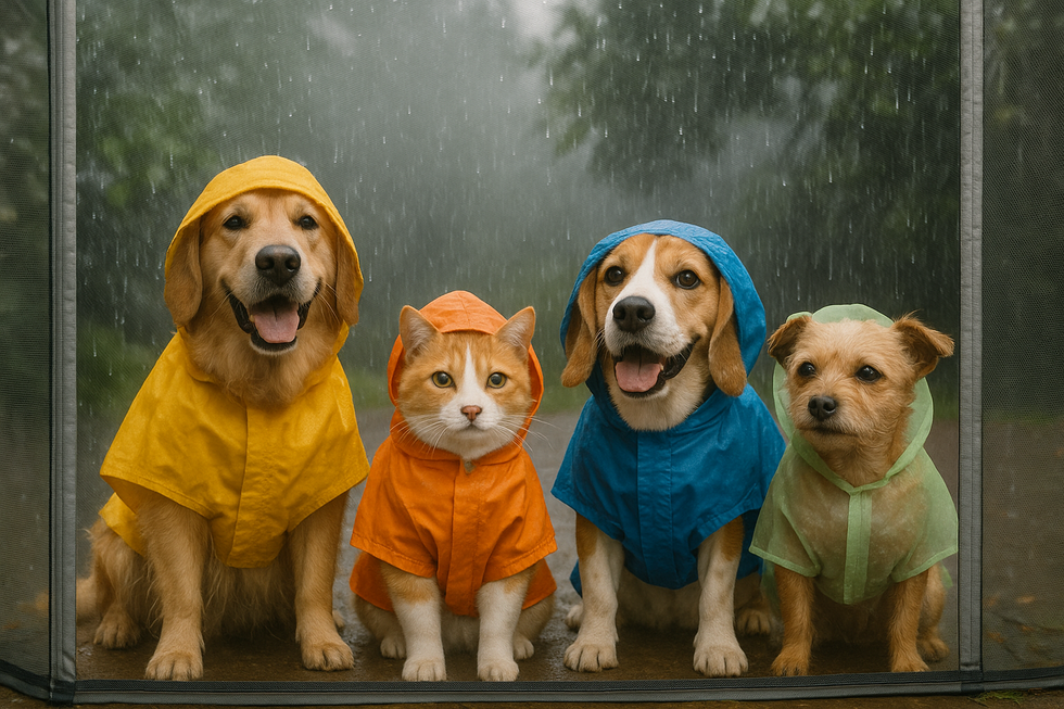 METAPETS Việt Nam https://metapets.vn Một nhóm chó mèo vui tươi, được bảo vệ tốt trong mùa mưa nhờ các biện pháp an toàn như áo mưa và cửa lưới.
