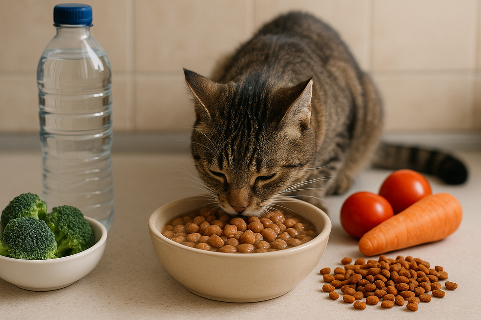 Mèo đang ăn thức ăn hạt với bát nước cạnh bên.