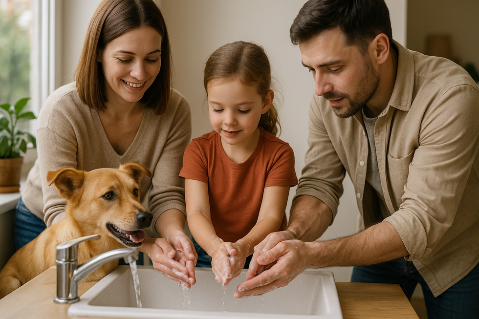 Trẻ nhỏ chơi trong vườn, đối diện nguy cơ nhiễm sán từ thú cưng.