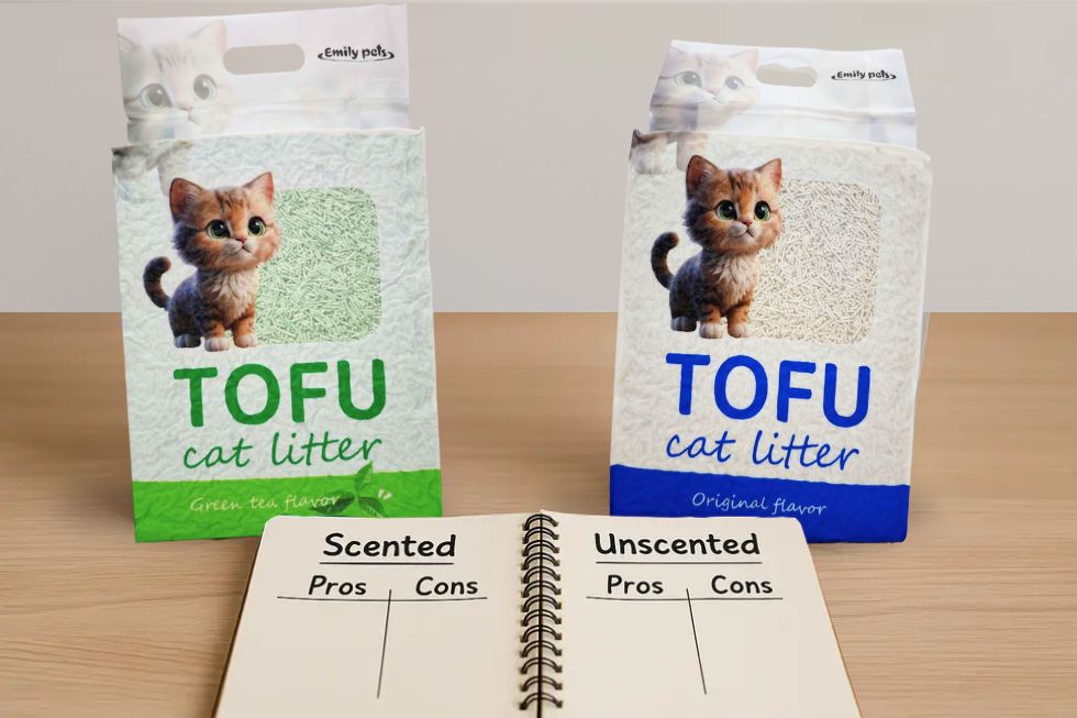 METAPETS Việt Nam Hai túi cát EmilyPets trên bàn cùng cuốn sổ ghi chú với ưu và nhược điểm của từng loại cát.