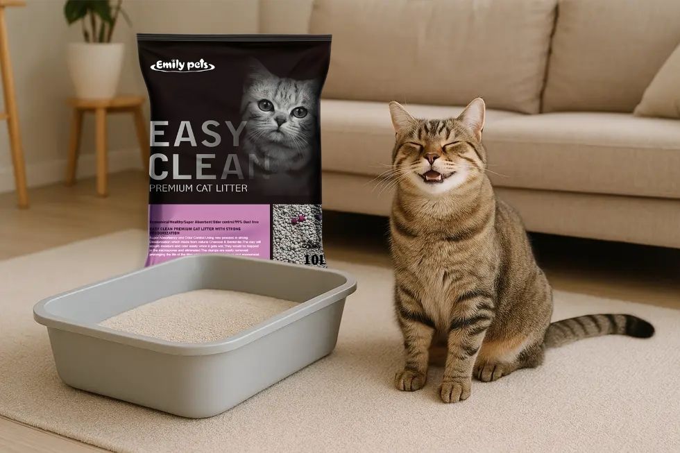 Chú mèo sử dụng cát mèo EmilyPets không bụi trong không gian sống sạch sẽ.