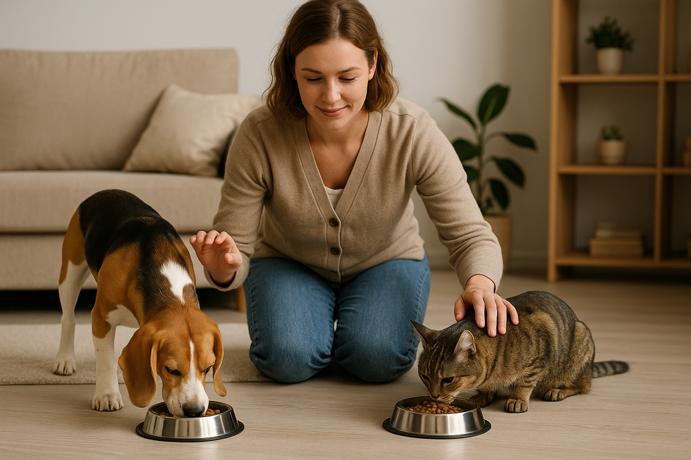Một gia đình quan sát chó và mèo của họ gặp nhau lần đầu.