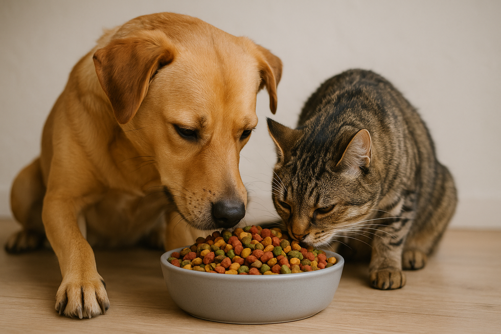 METAPETS Việt Nam https://metapets.vn Chó và mèo cùng chia sẻ một bát thức ăn hạt, tạo cảm giác hài hòa.